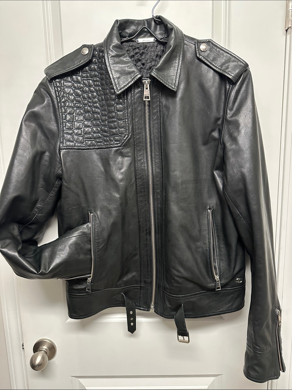 Just Cavalli Black Leather Bomber Jacket with Croc-Embossed Shoulder